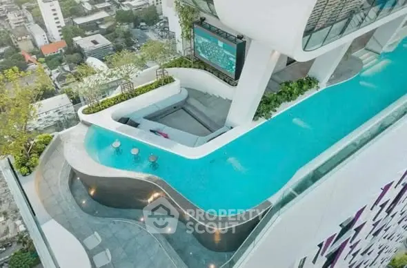 Luxurious rooftop pool with stunning city views in a modern high-rise building.