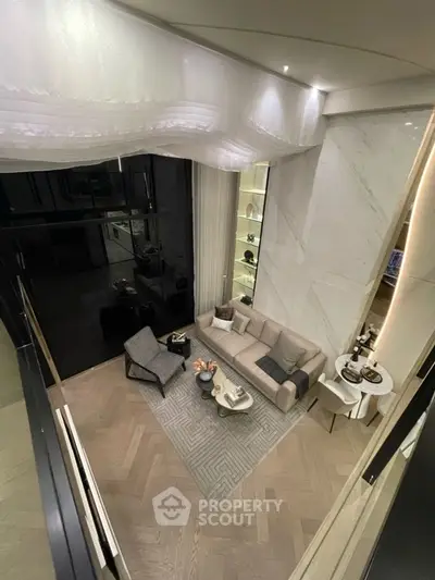 Luxurious modern living room with high ceiling and elegant decor