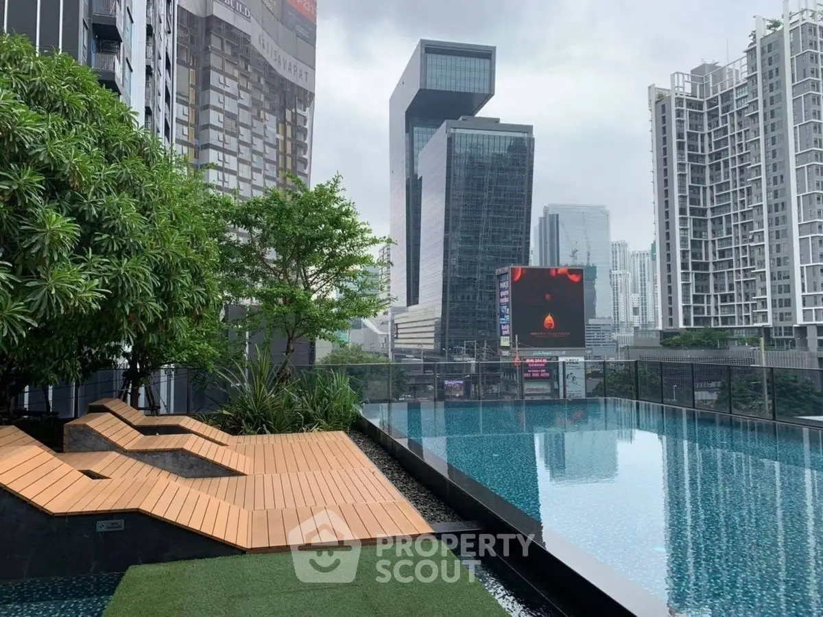 Luxurious rooftop pool with stunning cityscape views in modern urban setting.
