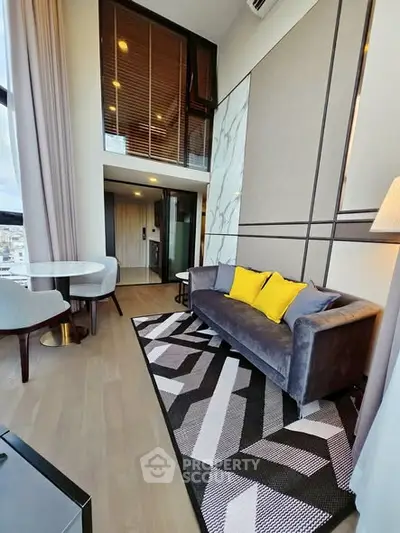 Luxurious modern living room with high ceilings and stylish decor