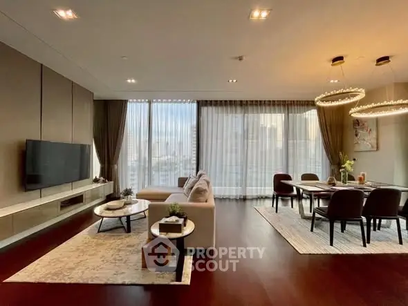 Luxurious modern living room with elegant dining area and panoramic city views.