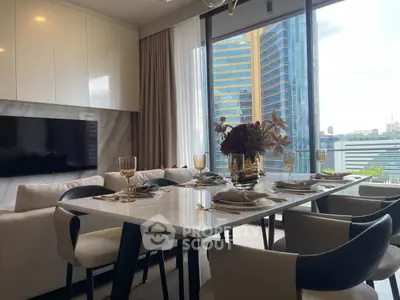 Luxurious dining area with city view, elegant table setting, and modern decor in high-rise apartment.
