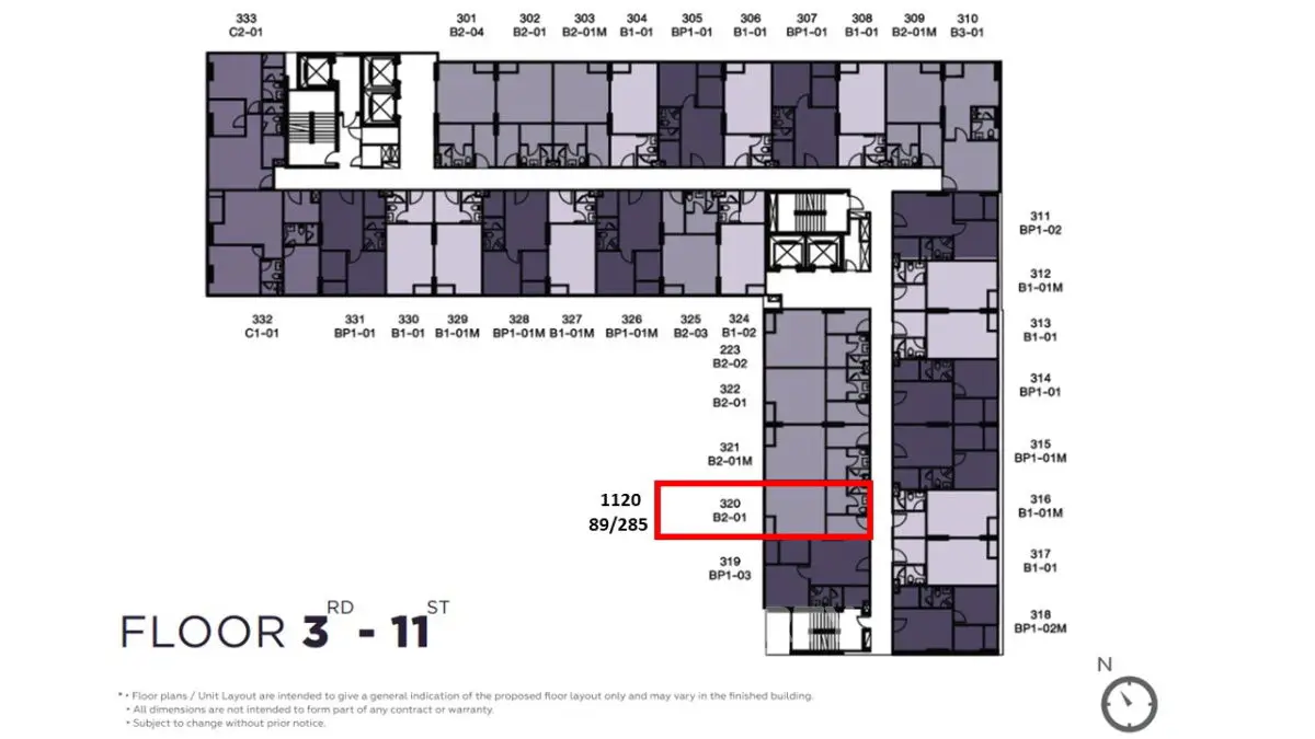 Floor plan layout for third floor with highlighted unit 320 B2-01.