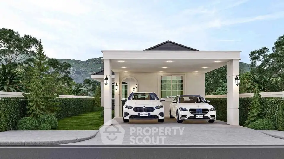 Luxurious modern home with spacious driveway and elegant landscaping.