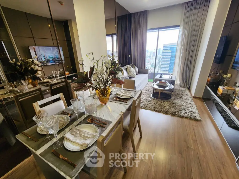 Luxurious modern living room with elegant dining area and city view
