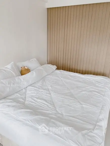 Cozy bedroom with plush bedding and stylish accent wall