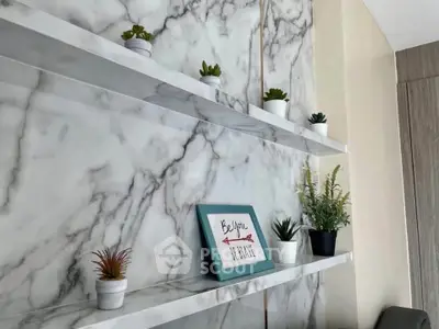 Stylish marble wall with decorative shelves and plants in modern living room.