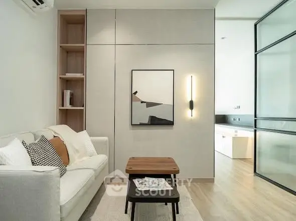 Modern living room with stylish decor and cozy seating area