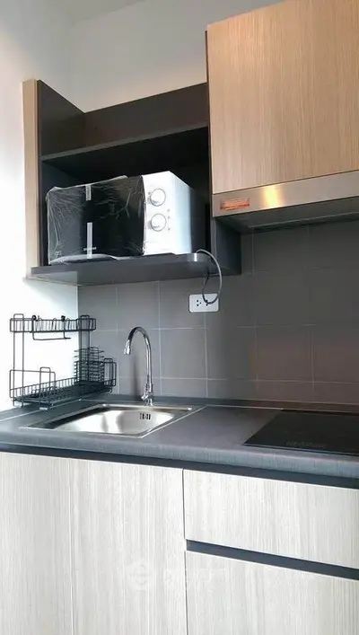 Modern kitchen with sleek cabinetry and built-in microwave, featuring a compact and efficient design.