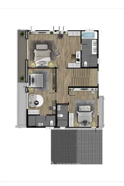 Modern apartment floor plan with three bedrooms and spacious living areas.
