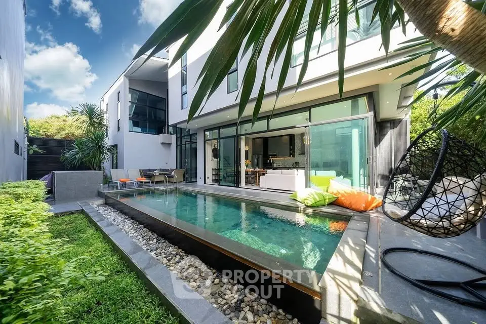 Luxurious modern home with private pool and lush garden, perfect for relaxation and entertaining.
