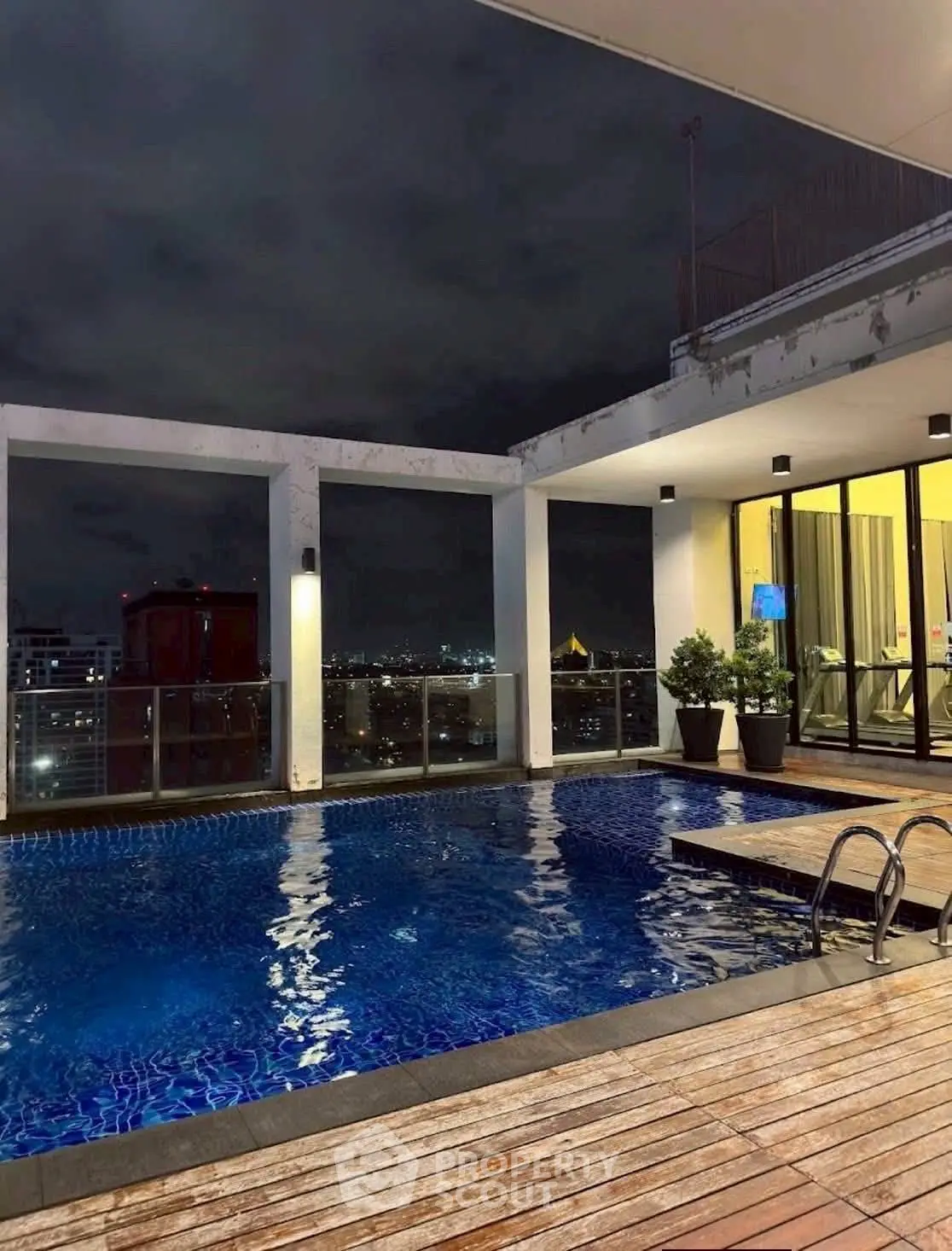 Luxurious rooftop pool with stunning city skyline views at night.