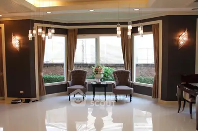 Elegant living room with large windows, stylish chairs, and modern lighting in a luxurious home.