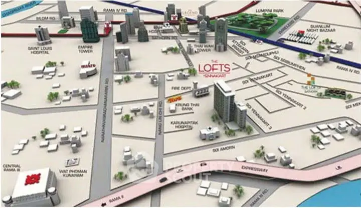 3D map showcasing The Lofts Yennakart and surrounding landmarks in vibrant urban setting.