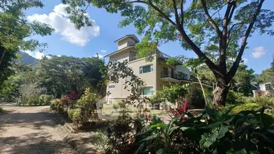 Charming countryside house surrounded by lush greenery and trees, offering a serene and picturesque living environment.