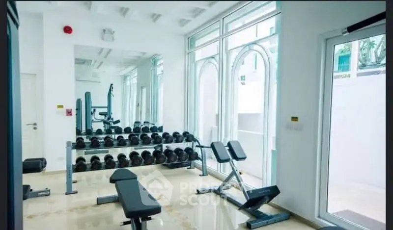 Modern gym with sleek equipment and large windows in a luxury building.