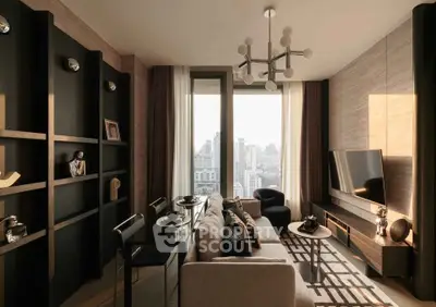Modern living room with city view, stylish decor, and elegant lighting in a high-rise apartment.