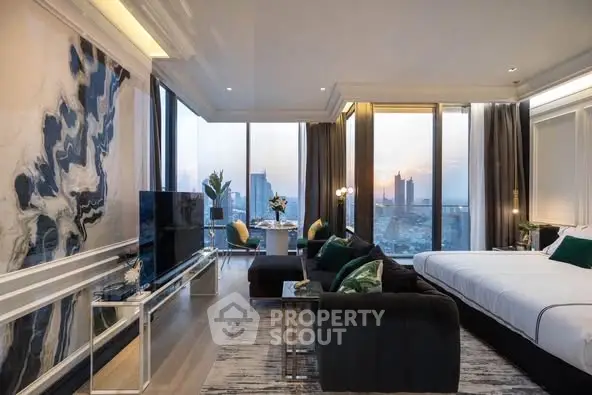 Luxurious modern living room with panoramic city view and elegant decor
