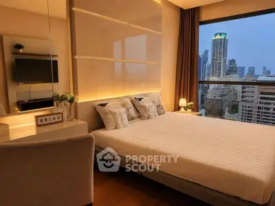 Luxurious bedroom with stunning city view in modern high-rise apartment