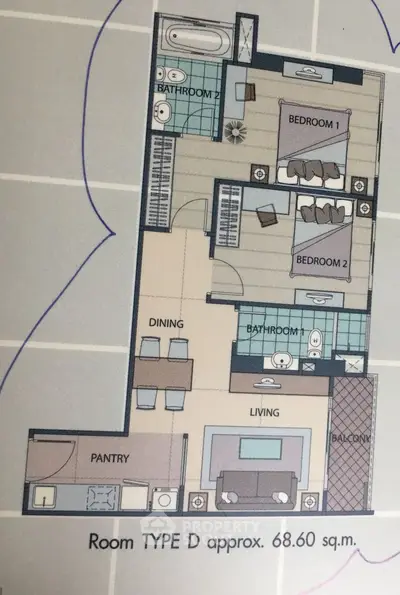 Floor plan of a modern apartment with two bedrooms, two bathrooms, and a balcony.