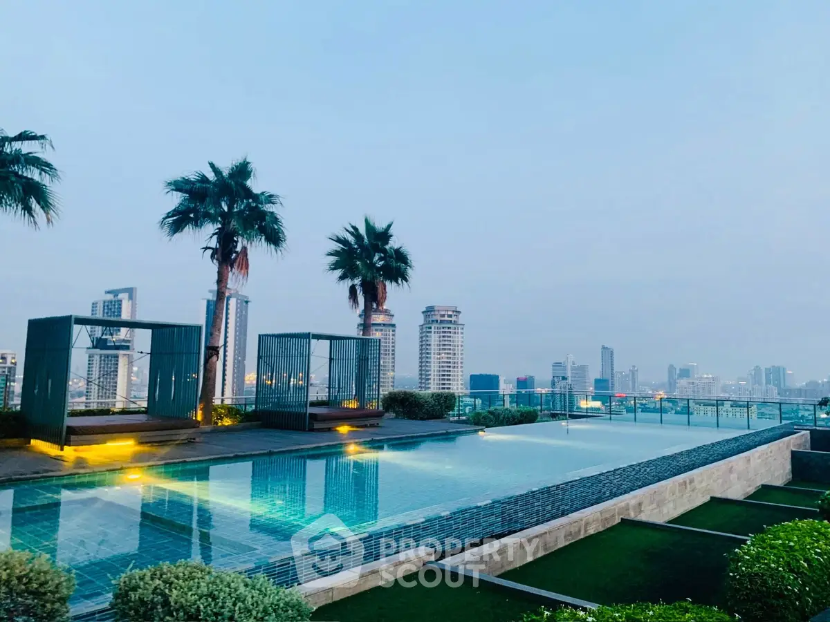 Luxurious rooftop pool with stunning city skyline view, perfect for relaxation and leisure.