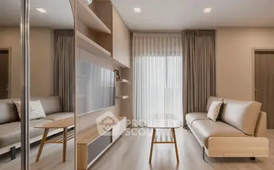 Modern living room with sleek furniture and large TV, featuring natural light and elegant decor.