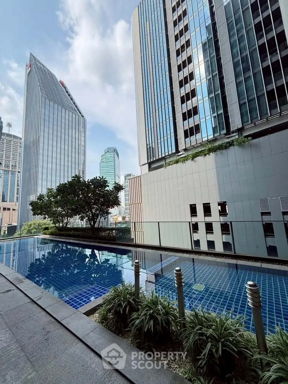 Luxurious urban pool with stunning skyscraper views in a modern cityscape.