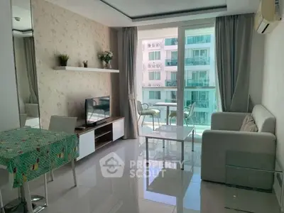 Modern living room with balcony view in a stylish apartment