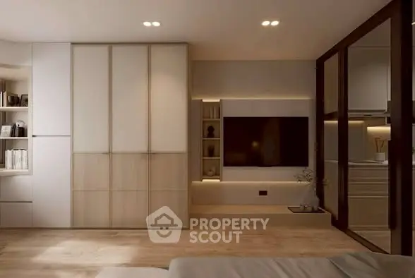 Modern living room with sleek built-in storage and ambient lighting