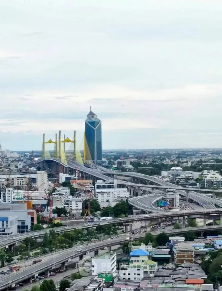 Stunning cityscape view with iconic bridge and modern skyscraper, perfect for urban living enthusiasts.