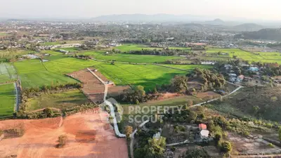 Expansive aerial view of lush green fields and distant cityscape, ideal for real estate development.