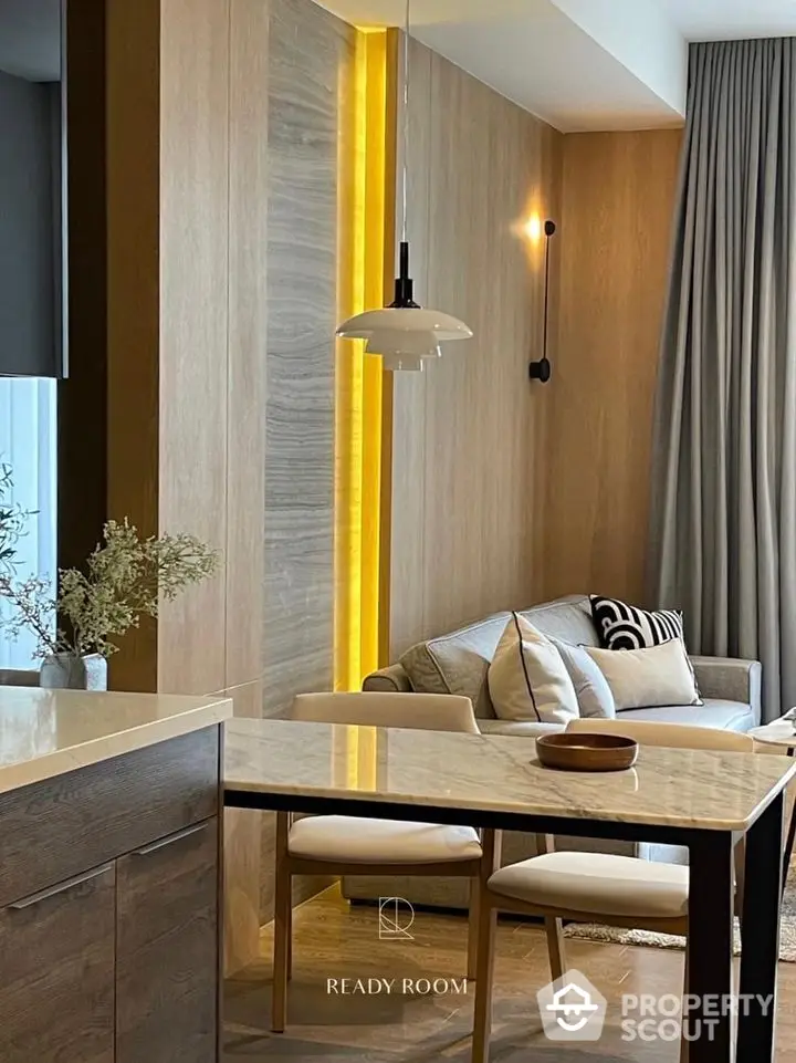 Chic modern living space with elegant furniture, warm wood tones, and striking yellow accent lighting, perfect for urban living.