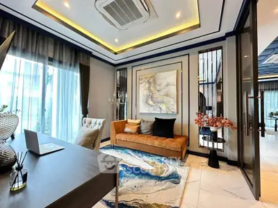 Luxurious modern living room with elegant decor and large windows