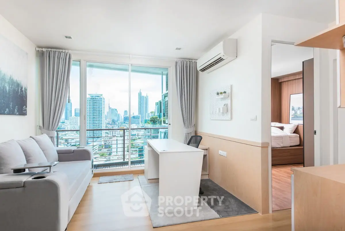 Modern living room with city view and stylish decor