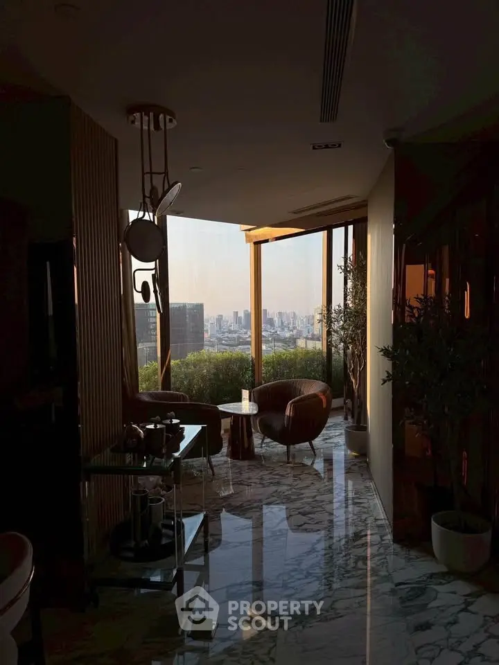 Luxurious living room with stunning city view and elegant marble flooring.