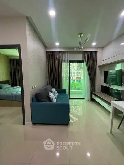 Modern living room with balcony view in stylish apartment