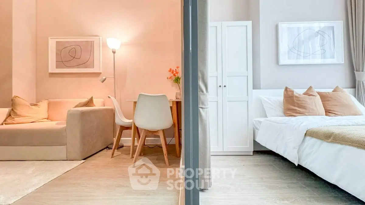 Modern open-plan living room and bedroom with stylish decor and neutral tones.