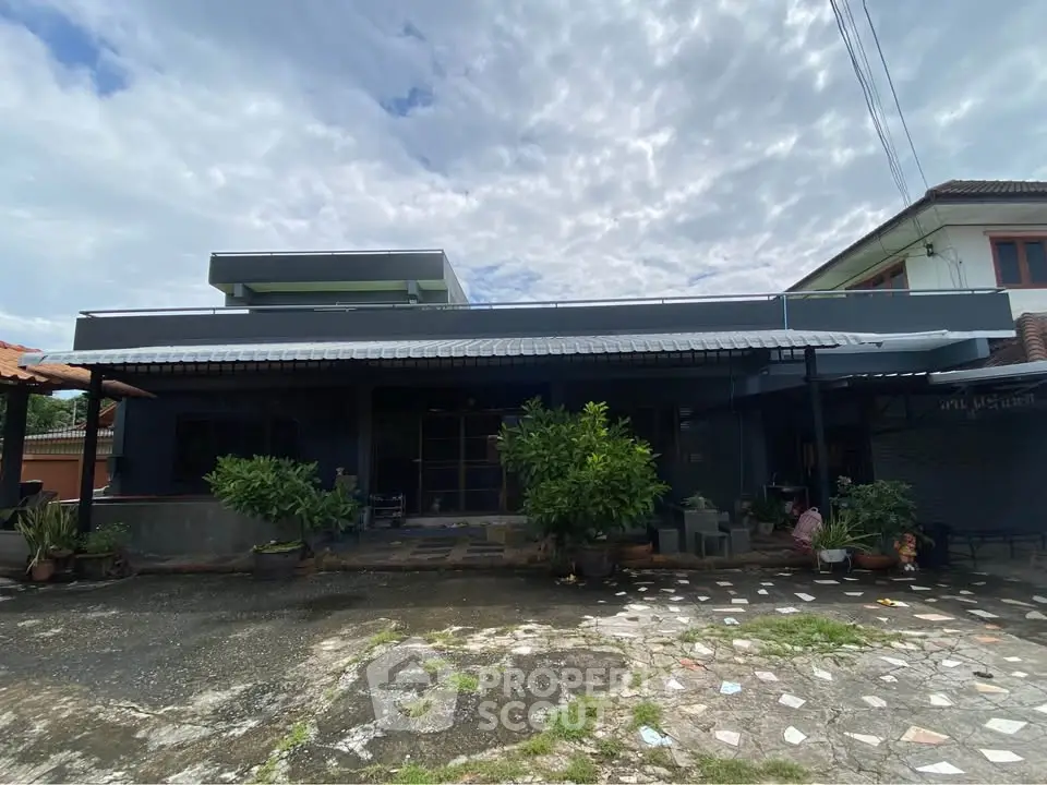 Modern single-story house with spacious driveway and lush greenery