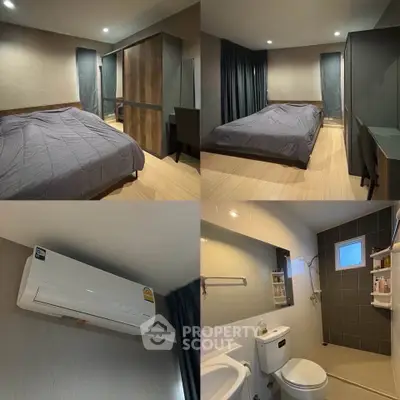 Modern bedroom and bathroom with sleek design and air conditioning unit