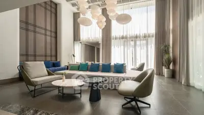 Luxurious modern living room with high ceilings and elegant furniture.