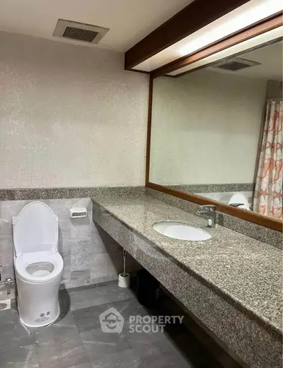 Spacious bathroom with modern fixtures and large mirror, featuring elegant granite countertop.