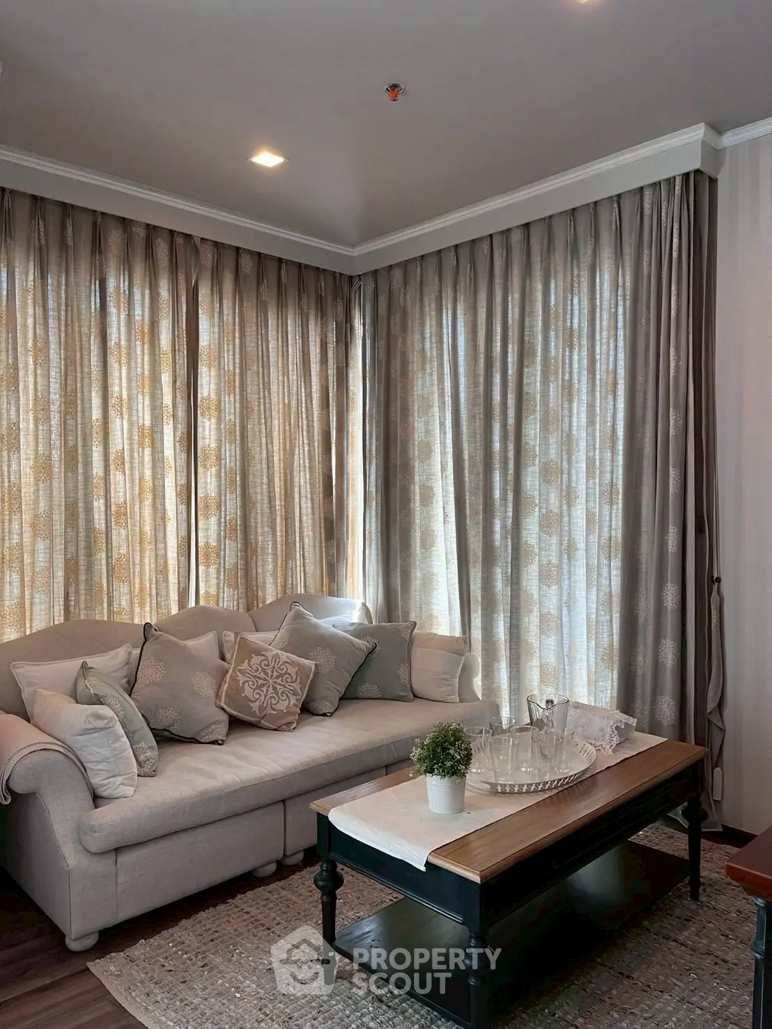 Cozy living room with elegant curtains and plush sofa