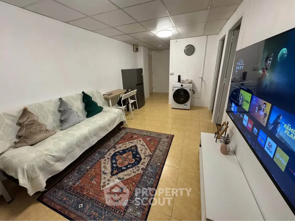 Cozy living room with modern TV setup and washing machine, featuring a stylish rug and comfortable seating.