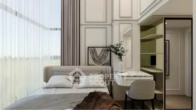 Modern bedroom with stylish decor and large window offering natural light.