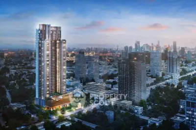 Stunning cityscape view featuring a modern high-rise building with illuminated windows and vibrant skyline.