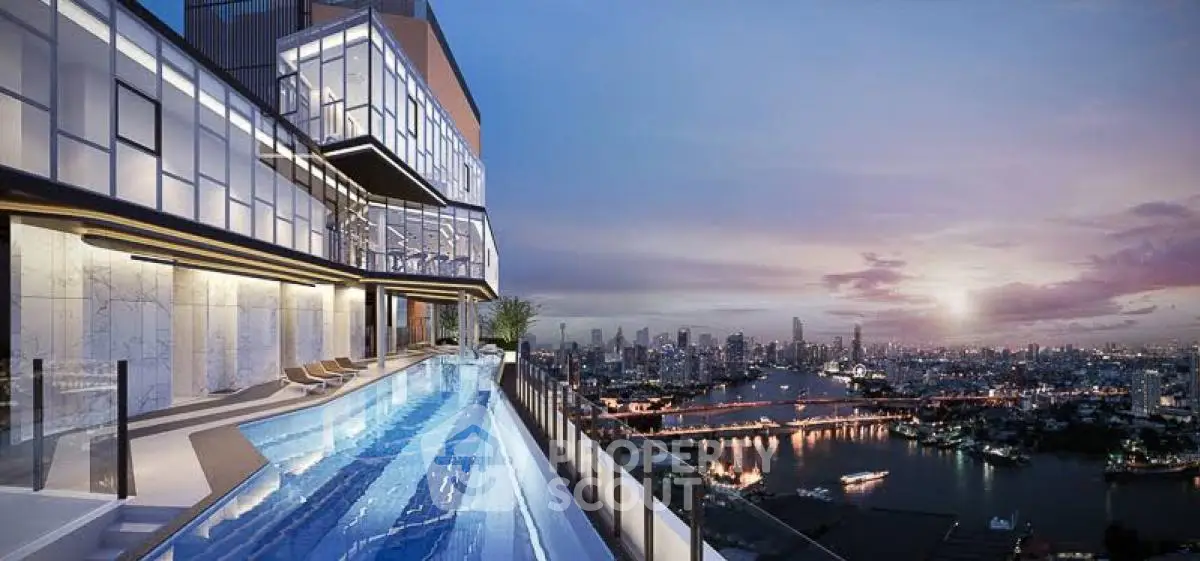 Luxurious rooftop pool with stunning city skyline view at sunset