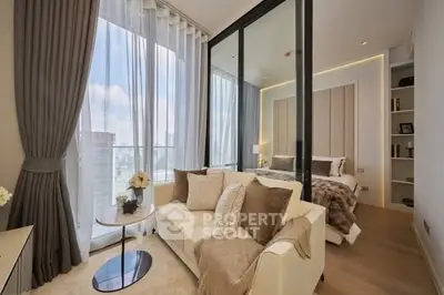 Luxurious bedroom with floor-to-ceiling windows and elegant decor in a modern apartment.