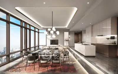 Luxurious open-plan living room with stunning city views and modern kitchen design.