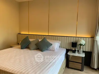 Elegant bedroom with modern decor and ambient lighting