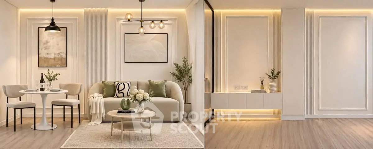 Elegant modern living room with stylish decor and ambient lighting, perfect for relaxation and entertaining.